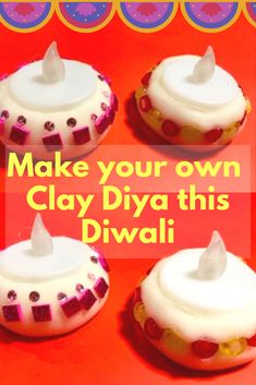 four cupcakes with white frosting on top and the words make your own clay diya this diwali