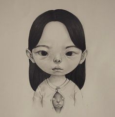 a pencil drawing of a girl with long hair and an alien head on her chest