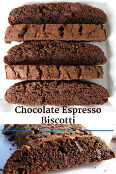 chocolate espresso biscotti cookies on a white plate with text overlay