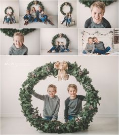 two young boys sitting in front of a christmas wreath with their arms around each other