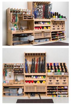 two pictures of the inside of a craft room with supplies on shelves and in bins