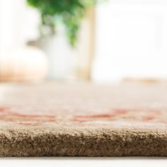 a close up view of a rug on the floor with a plant in the background