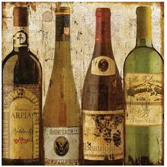 four bottles of wine are lined up against a wall with peeling paint on the walls