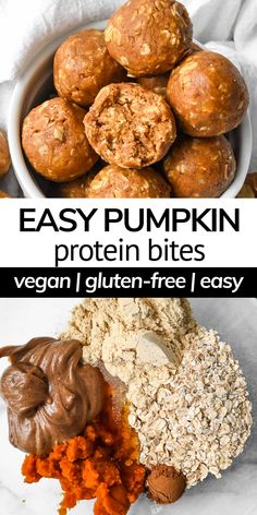 an easy pumpkin protein bites recipe is shown in this collage with the ingredients for it