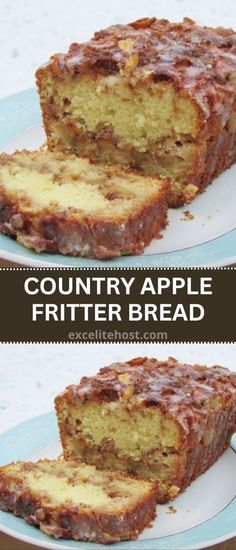 this is an image of two slices of fruit bread on a plate with the words country apple fritter bread