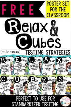 a poster with the words relax and cubes on it in front of a white background