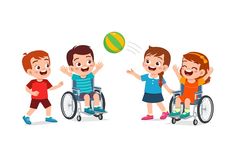 three children in wheelchairs playing with a ball