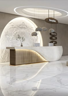 a reception area with marble floors and white walls