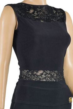 Stretch-knit blouse Crew lace illusion neckline Lace back panel & waistband Sleeveless cut Knit Blouse, Illusion Neckline, Dance Fashion, Lace Insert, Lace Back, Black Laces, Mix N Match, Sleeveless Blouse, Mix And Match