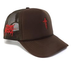 mesh trucker hat stitched front and side logos adjustable - one size fits all Brown Trucker Snapback Hat For Streetwear, Brown 5-panel Trucker Hat For Streetwear, Trucker Mesh Snapback Hat For Streetwear, Trucker Style Mesh Snapback Hat For Streetwear, 5-panel Trucker Hat With Mesh Back For Streetwear, Brown Trucker Hat For Streetwear, Mesh Trucker Snapback Hat For Streetwear, Brown Mesh Trucker Hat, 5-panel Mesh Back Trucker Hat For Streetwear