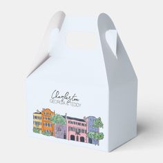 a white box with an image of buildings on it