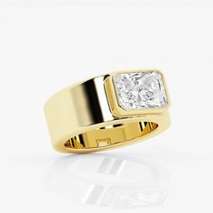 a yellow gold ring with a princess cut diamond in the center, on a white background