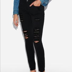 Never Worn Black Distressed Jeans. Mid Rise. Edgy Black Jeans With Holes, High Rise Ripped Black Pants, Black High Rise Ripped Pants, Black Stretch Ripped Pants, Trendy Black Ripped Pants, Edgy Black Bottoms With Holes, Black Stretch Distressed Jeans, Stretch Ripped Black Jeans, Black Stretch Ripped Jeans