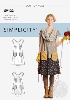 a woman in a dress and boots holding a crochet hook with the words simpl city written on it