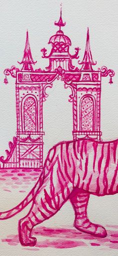 a drawing of a tiger walking in front of a tower with a clock on it's side