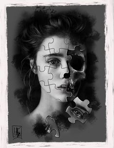 a black and white photo of a woman's face with puzzle pieces in front of her