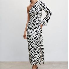 Never Worn Polka-Dot Asymmetrical Dress Still Available On Mango’s Site For $129.99! Flowy Fabric. Asymmetric Design. Straight Design. Long Design. Spots Print. Asymmetrical Neckline. Long Flared Sleeve. Side Zip Fastening. Gathered Details. Ref. 47025858-Circle-Lm Chic One-shoulder Spring Dress With One Sleeve, Chic Spring One Shoulder Dress With One Sleeve, Chic One Shoulder Dress For Spring, White Maxi Dress With Asymmetrical Hem For Brunch, Chic Maxi Dress With Asymmetrical Neckline For Brunch, Chic One-sleeve Summer Maxi Dress, Chic White Maxi Dress With Asymmetrical Hem, Black One-shoulder One-sleeve Dress For Spring, Black One-shoulder One-sleeve Spring Dress