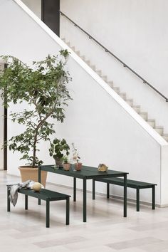 a table and two benches in front of a stair case with a potted plant on it