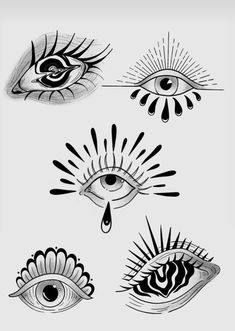 four different types of eye tattoos on a white background, each with an individual's eye