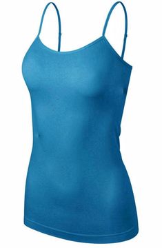 Blue Stretch Camisole With Built-in Bra, Blue Seamless Camisole, Blue Seamless Cami Tank Top, Blue Camisole With Built-in Bra And Tank Straps, Stretch Seamless Spaghetti Strap Top, Blue Sleeveless Seamless Camisole, Blue Seamless Camisole Tank Top, Seamless Spaghetti Strap Tops, Blue Seamless Camisole Top