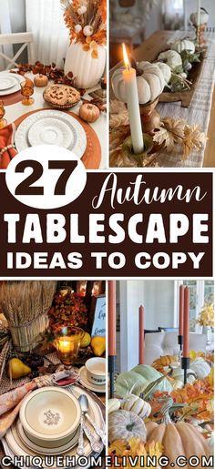 autumn tablescape with pumpkins, candles and other items to decorate it for the table