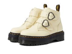 Dr. Martens Devon Heart - Women's Shoes : Toile Cream Milled Nappa : Fascinate anyone who glances your way when you step out in the Dr. Martens Devon Heart boot! This attractive leather boot offers a striking, rugged look with a stacked heel to boost your style to all new levels. Slip-on leather boot boasts stylish heart-shaped metal hardware with and double-buckle closure for a secure fit. Features classic DM's DNA including grooved edges, contrast welt stitching, and a scripted heel-loop. Good Chunky Shoes Women, Dr Martens Devon Heart, Dr Martens Devon, Coquette Clothes, Closet Aesthetic, Time Time, Rugged Look, Heart Women, Ll Bean Boot