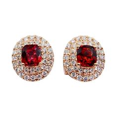 Luxury Red Brilliant Cut Earrings, Luxury Red Ruby Earrings, Luxury Red Earrings For Formal Occasions, Red Brilliant Cut Cubic Zirconia Earrings, Luxury Red Gemstone Earrings, Red Brilliant Cut Fine Jewelry Earrings, Dazzling Red Jewelry With Halo Design, Red Halo Design Earrings For Formal Occasions, Red Halo Earrings For Formal Occasions