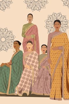 three women in sari standing next to each other on a floral wallpaper background