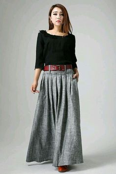 Maxi Skirt Work, Grey Maxi Skirts, Long Skirt Summer, Maxi Skirt Style, Grey Skirt, Handmade Skirts