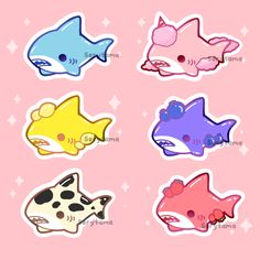 six different types of stickers on a pink background, each with an image of a fish