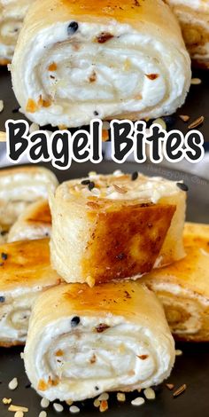 some food that is on top of a black plate with the words bagel bites