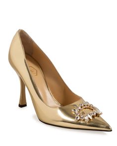 Nalebe Lirum 90 Pumps in Gold Pointed toe with crystal embellishment Slip on Patent leather upper Leather lining and sole 3.54” (90mm) self-covered heel Made in Italy Crystal Embellishment, Patent Leather, Leather Upper, In Italy, Slip On, Pumps, Italy, My Style, Crystals