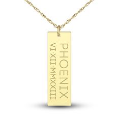 A shimmering high-polish dog tag pendant is personalized with name and numbers of your choice in this meaningful men's pendant necklace. Fashioned in 14K yellow gold, the 22-inch rope chain secures in place with a lobster clasp. Anniversary Jewelry Dog Tag With Engraved Text, Anniversary Jewelry Engraved Dog Tag, Anniversary Dog Tag Jewelry With Engraved Text, Gold Rectangular Jewelry With Engraved Text, Gold Rectangular Necklaces With Engraved Text, Gold Rectangular Necklace With Engraved Text, Gold Rectangular Pendant With Engraved Text, Gold Dog Tag Necklace Laser Engraved, Gold Laser Engraved Dog Tag Jewelry