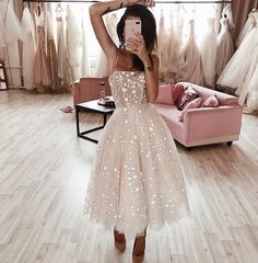 Tea Length Pearl Pink Tulle A Line Homecoming Dress School Event Dress, Short Wedding Gowns, Midi Wedding Dress, Sequin Homecoming Dress, Modest Prom, Hair Cute, Pink Homecoming Dress, Cocktail Dress Prom, Homecoming Dresses Long