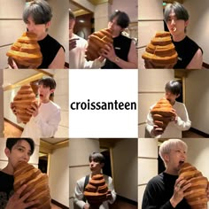 a collage of photos showing people holding bread in front of their faces and the words croissantten on them