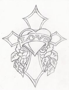 a drawing of a cross with leaves and hearts on the front side, in black and white