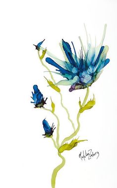 a painting of blue flowers on a white background