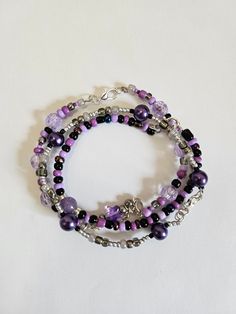 Hand Beaded Bracelet Set of 3 /  Grunge Aesthetic / Purple Beaded Bracelet Black And Purple Friendship Bracelet, Purple Beaded Bracelets With Black Beads As A Gift, Handmade Purple Multi-strand Bracelets, Adjustable Purple Bracelet With Black Beads, Adjustable Purple Bracelets With Black Beads, Handmade Purple Multi-strand Bracelet, Grunge Beaded Bracelets, Purple Bracelets Beads, Purple Bracelet Ideas