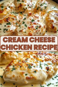 the chicken is covered in cream sauce and garnished with parmesan cheese