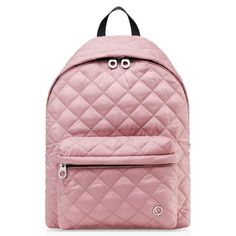 a pink quilted backpack with black straps and two zippers on the front pocket