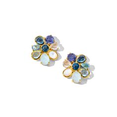 Often inspired by the elegance of natural world, Ippolita designed these cluster earrings to resemble blooming flowers. Hand-cast from 18K gold, the pair is set with faceted drops and rounds of Swiss blue topaz, light iolite, London blue topaz, blue topaz, ice quartz, mother-of-pearl, and a doublet of rock crystal over larimar, in a mix of bezels and prongs. • 18K Gold• Gemstones: Light Lolite, London Blue Topaz, Blue Topaz, Ice Quartz, Mother-of-Pearl, Rock Crystal over Larimar Doublet, Swiss B Hinged Ring, Blue Topaz Jewelry, Small Earrings Studs, Teardrop Necklace, Swiss Blue Topaz, Cluster Earrings, Hand Cast, London Blue Topaz, London Blue