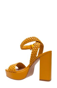 Woven straps add subtle texture to a lofty platform sandal that exemplifies retro sophistication. 4 1/2" heel; 1" platform Cushioned footbed Slip-resistant sole Synthetic upper and lining/rubber sole Imported Yellow Synthetic Sandals With Heel Loop, Yellow Synthetic Sandals With 4-inch Heel, Yellow Synthetic Heels With Heel Loop, Yellow Platform Sandals With Block Heel, Dark Yellow, Pocket Book, Subtle Textures, Platform Sandals, Womens Sandals