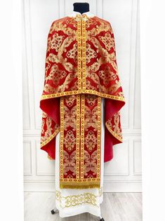 Celebrate the sacred traditions with our luxurious red and gold Orthodox vestments, meticulously designed for clergy. This complete priest set exudes elegance and reverence, making it ideal for church services, especially during the Christmas season. Crafted with high-quality fabrics, these vestments offer comfort and longevity. Whether for regular church attire or festive occasions, this set will make a thoughtful and meaningful gift for priests or clergy members. Vestments made of church fabric  The set includes: Phelon, epitracheal, armbands, belt, roofing 3pcs, the stichar is not included. Size: 131 cm / 51.5 inch length of the main product Length according to the client's needs (+ to the cost by agreement) A complete set of Orthodox clerical vestments carefully crafted to meet the cer Luxury Embroidered Red Vestments, Luxury Red Sets For Traditional Ceremonies, Luxury Traditional Chasuble For Ceremonies, Orthodox Vestments, Priestly Garments, Priest Robes, Orthodox Priest, Church Attire, Church Service