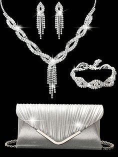 LETODE 4 Pcs Women Crystal Jewelry Set Wedding Bling Evening Clutch Bag Glitter Necklace Bracelet Dangle Earrings For Bride And Bridesmai Silver Glamorous   Polyester Geometric,Plain,Striped,All Over Print Ruched Bag   Women Bags, size features are:Bust: ,Length: ,Sleeve Length: Clutch Prom, Earrings For Bride, Ruched Bag, Prom Clutch, Glitter Necklace, Elegant Clutch, Party Handbags, Crystal Jewelry Sets, Bling Wedding