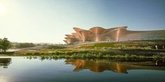 an artist's rendering of a large building next to a body of water