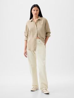 100% Linen Big Shirt | Gap Tan Oversized Button Up Shirt Outfit, Gap Linen Summer Shirt, Gap Linen Spring Shirt, Gap Linen Shirt For Spring, Spring Linen Shirt By Gap, Gap Linen Button-up Shirt, Gap Linen Shirt With Relaxed Fit, Gap Relaxed Fit Linen Shirt, Gap Linen Tops For Workwear