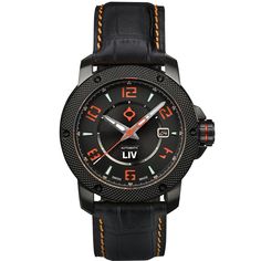 The LIV GX1-A Signature Orange features a multi-layer black dial, an Elaboré grade, 26-jewel Swiss automatic movement, a date window, a 42-hour power reserve, a 316L stainless steel black IP case with skeleton case-back, a scratch-resistant & anti-reflective sapphire crystal, a screw-down crown, and water-resistant to 100 meters. Black Chronograph Watch With Date Display For Business, Business Chronograph Watch With Date Display In Black, Formal Black Chronograph Watch With Date Display, Modern Black Chronograph Watch With Date Display, Black Chronograph Watch With Date Display, Black Watches With Date Display, Luxury Black Chronograph Watch With Date Display, Formal Black Chronograph Watch With Date Indicator, Luxury Black Watches With Date Display