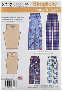 sewing pattern for ladies's pajamas and pants, with the words simply easy to sew