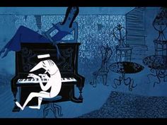 a woman sitting at a piano in front of a blue wall