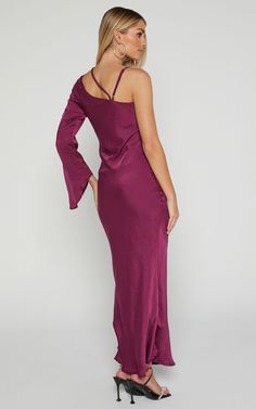 Khacy Midi Dress - One Shoulder Halter Dress in Plum Purple One-shoulder Evening Dress, Purple One-shoulder Evening Dress For Prom, Purple One-shoulder Dress For Party Season, One-shoulder Midi Dress For Prom Season, One Shoulder Purple Evening Dress, Chic One Shoulder Maxi Dress For Bridesmaids, One Shoulder Midi Dress For Party Season, Elegant One Shoulder Slip Dress For Evening, One-shoulder Fitted Slip Dress For Evening